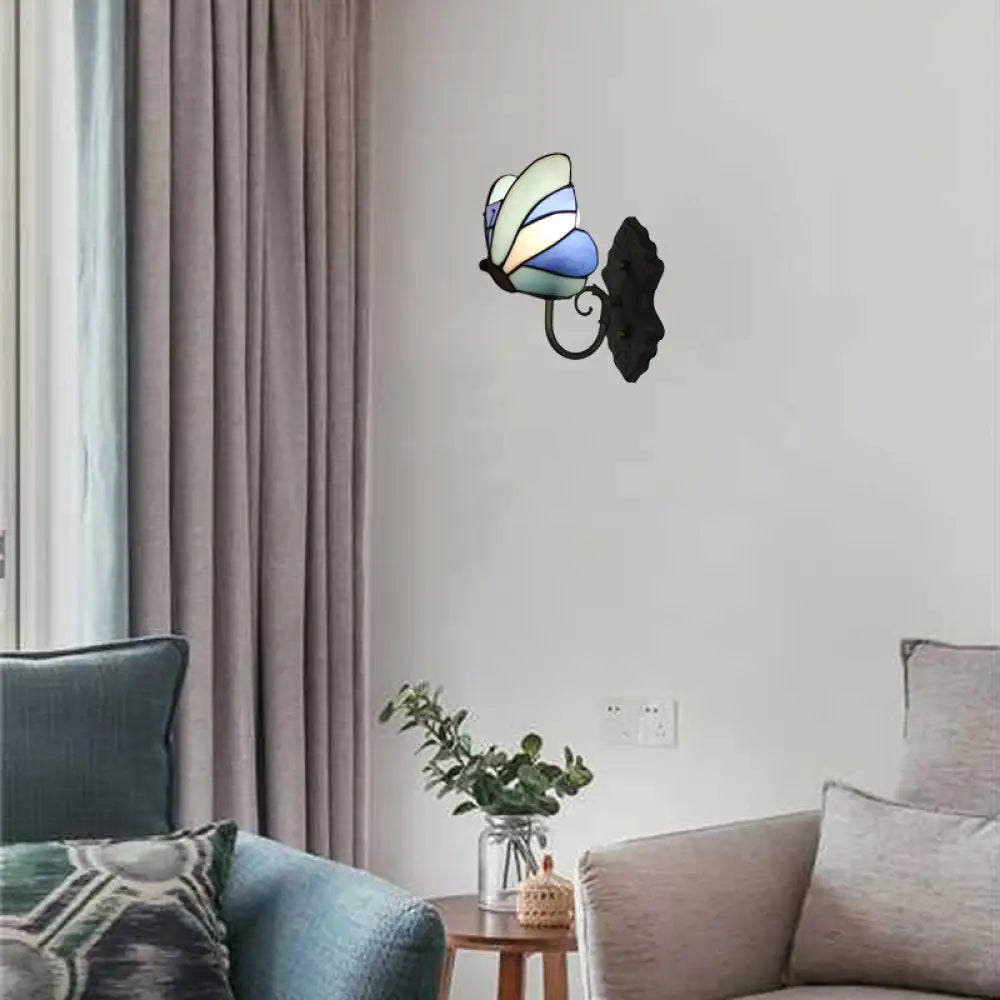 Butterfly Stained Glass Wall Lamp: Art Deco Bedroom Lighting in Yellow and Pink/Blue