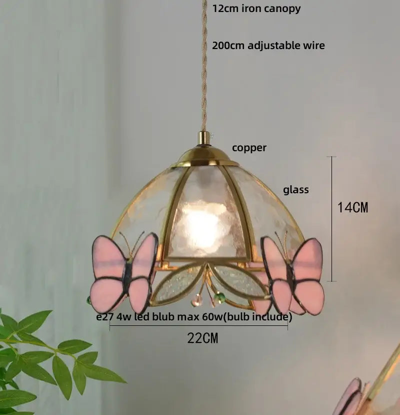 A delicate pink butterfly tiffany glass pendant light with copper frame and 14cm height for decorbites butterfly tiffany decor