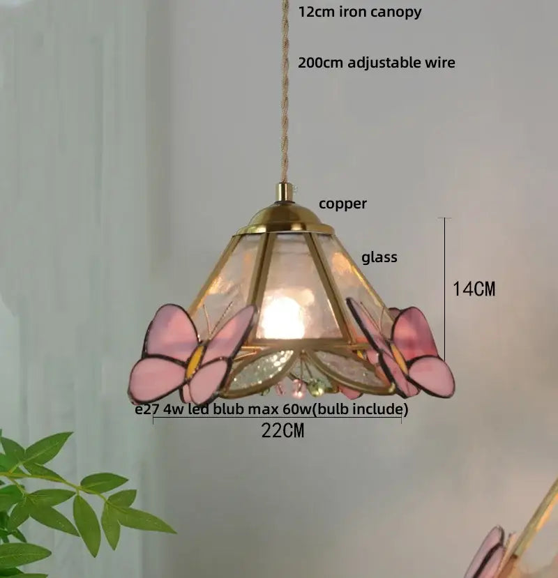 Delicate pink decorbites butterfly tiffany glass pendant light with copper frame and adjustable wire suspension for dining room