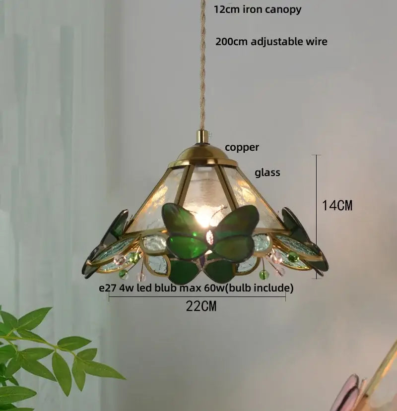 Decorbites butterfly tiffany glass pendant light with copper frame and green stained glass butterfly design for dining room