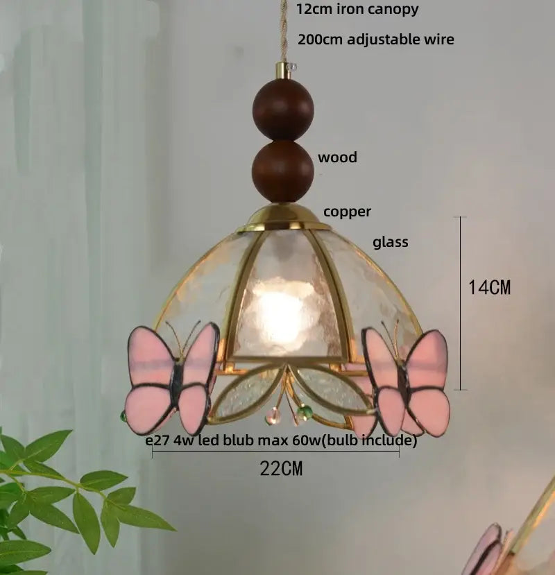 Delicate pink butterfly tiffany glass pendant light with copper frame and wooden canopy for dining room decorbites butterfly tiffany