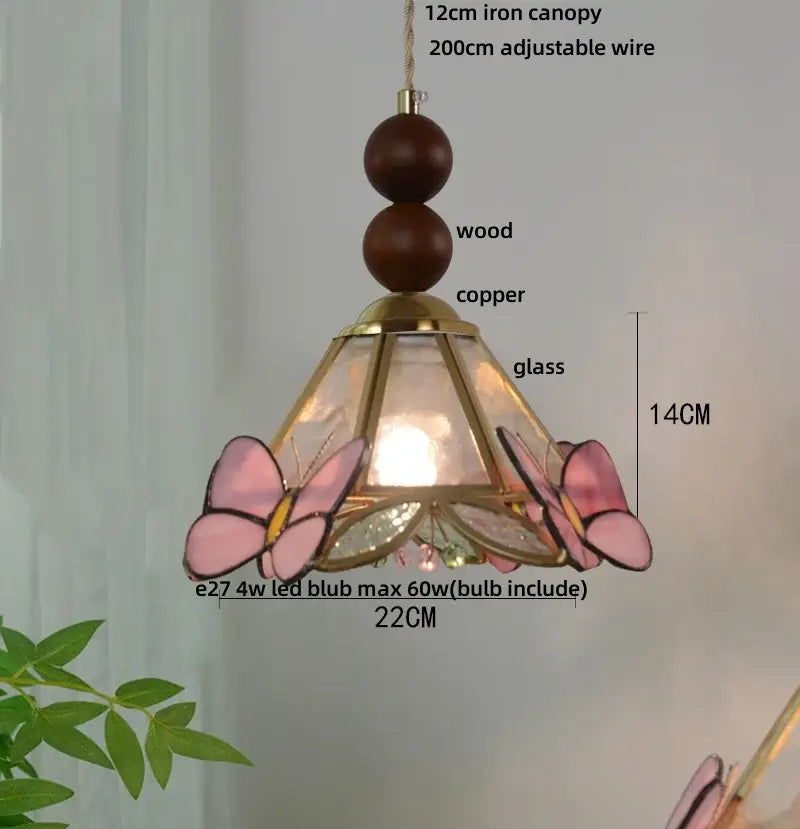 A delicate pink butterfly tiffany glass pendant lamp with brass copper frame and wooden canopy for dining room decorbites butterfly tiffany