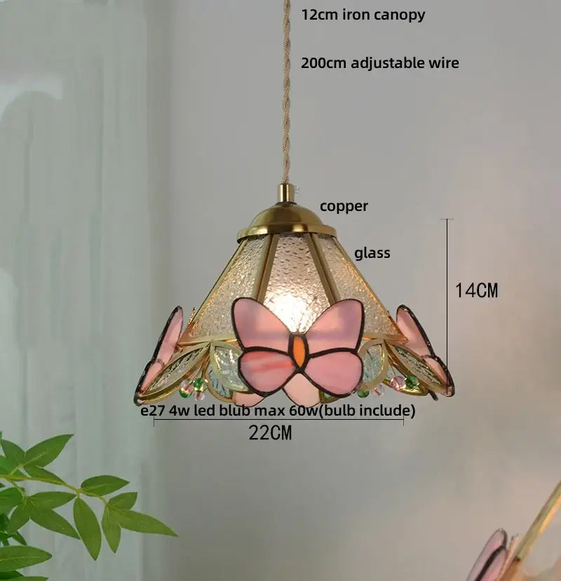 Delicate pink butterfly tiffany glass pendant light with copper accents and adjustable wire for dining room decorbites butterfly tiffany