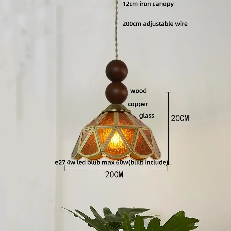 A warm amber butterfly tiffany glass pendant light with copper frame and wooden beads for elegant decorbites butterfly tiffany decor