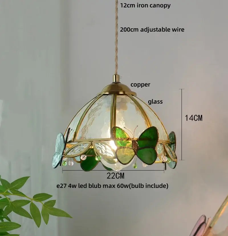 Decorbites butterfly tiffany glass pendant light with brass copper frame and green clear stained glass panels for dining room