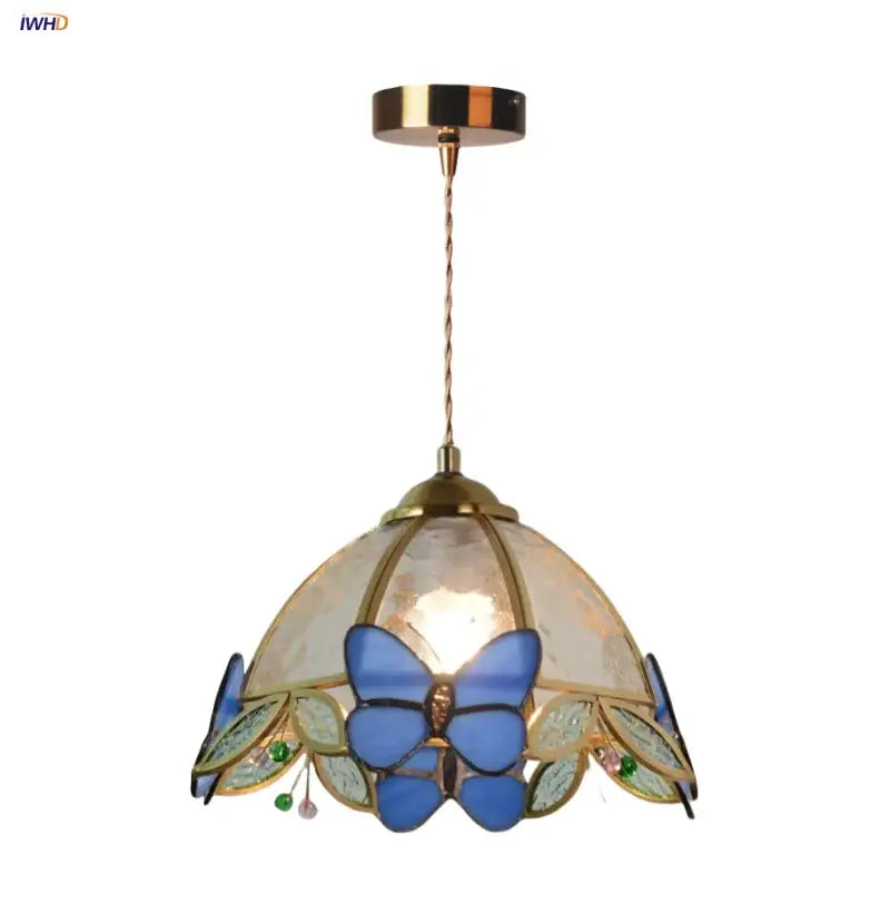 Decorbites butterfly tiffany glass pendant light with blue and green stained glass shade for dining room decor