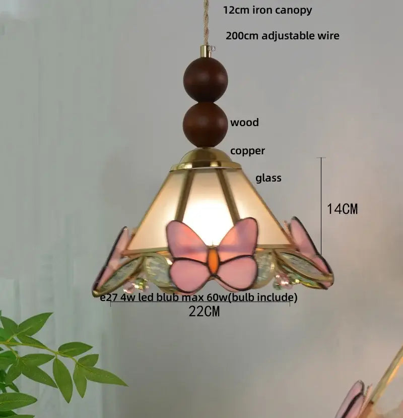 Delicate pink butterfly tiffany glass pendant light with wooden copper canopy for dining room decorbites butterfly tiffany