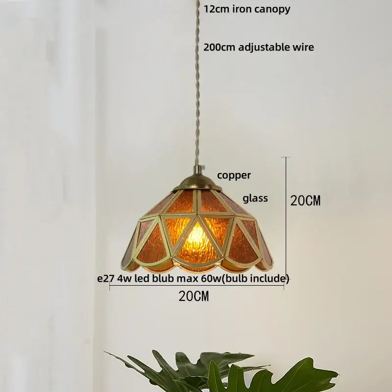 A warm amber-tinted copper frame tiffany glass pendant light with geometric design for decorbites butterfly tiffany decor