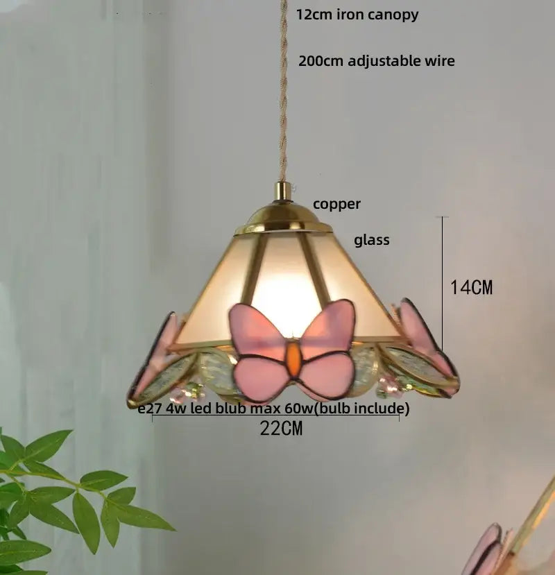Delicate pink butterfly tiffany glass pendant light with copper finish and 12cm iron canopy for elegant decorbites butterfly tiffany lighting