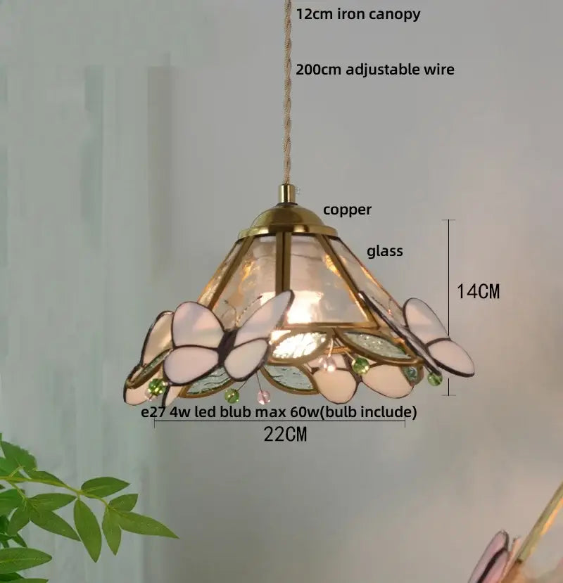 Delicate decorbites butterfly tiffany glass pendant light with copper accents and pale pink panels for dining room decor