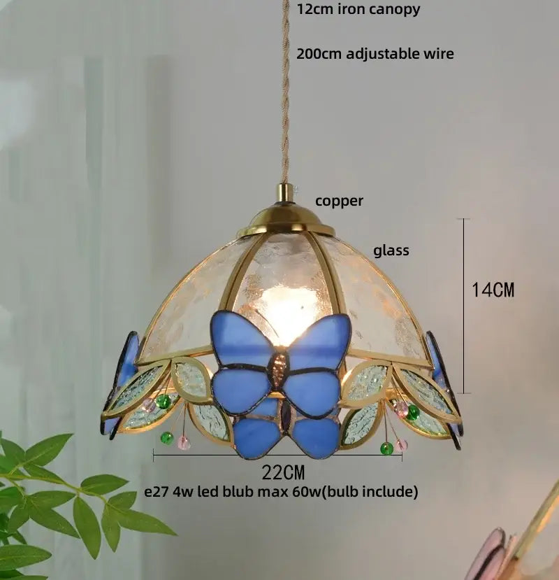 Blue and green decorbites butterfly tiffany glass pendant light with copper accents 14cm height for dining room decor