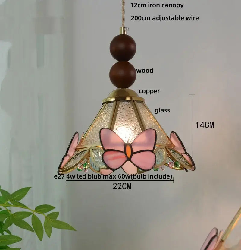 A delicate pink butterfly tiffany glass pendant lamp with copper accents and wooden beads for dining room decorbites butterfly tiffany