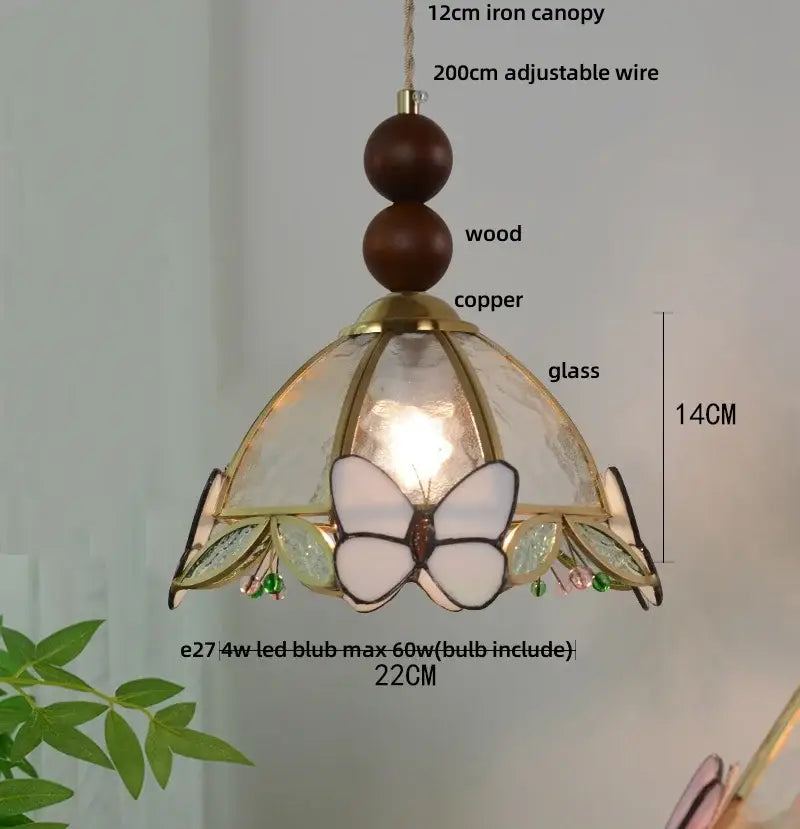 Butterfly tiffany glass pendant light with brass frame green and blue panels wooden beads for dining room decorbites butterfly tiffany