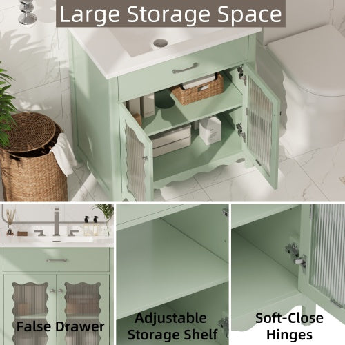 31 Bathroom Vanity With Tempered Glass, Modern Bathroom Cabinet With Rubber Wood Legs And Soft Close Doors, Green