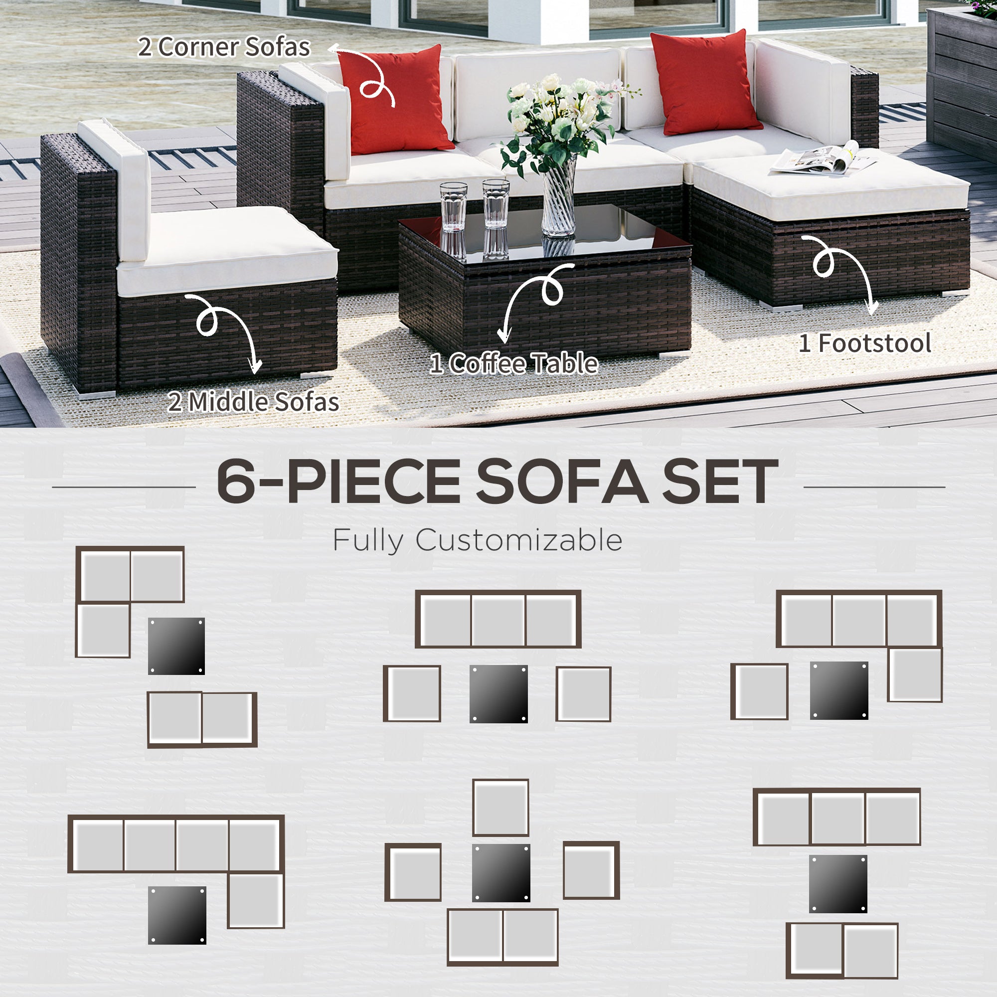 Conjunto de 6 Piezas de Muebles de Patio para Conversación al Aire Libre, Conjunto de Sofá Seccional de PE Resistente a Todas las Inclemencias del Tiempo con Otomana