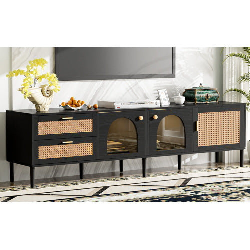 Rattan-Fernsehtisch mit 3 Schränken & 2 Schubladen, Rattan-inspirierte Medienkonsole für Fernseher bis zu 80 Zoll, LED-Licht-Unterhaltungszentrum, TV-Schrank für Wohnzimmer, Schlafzimmer, Heimkino