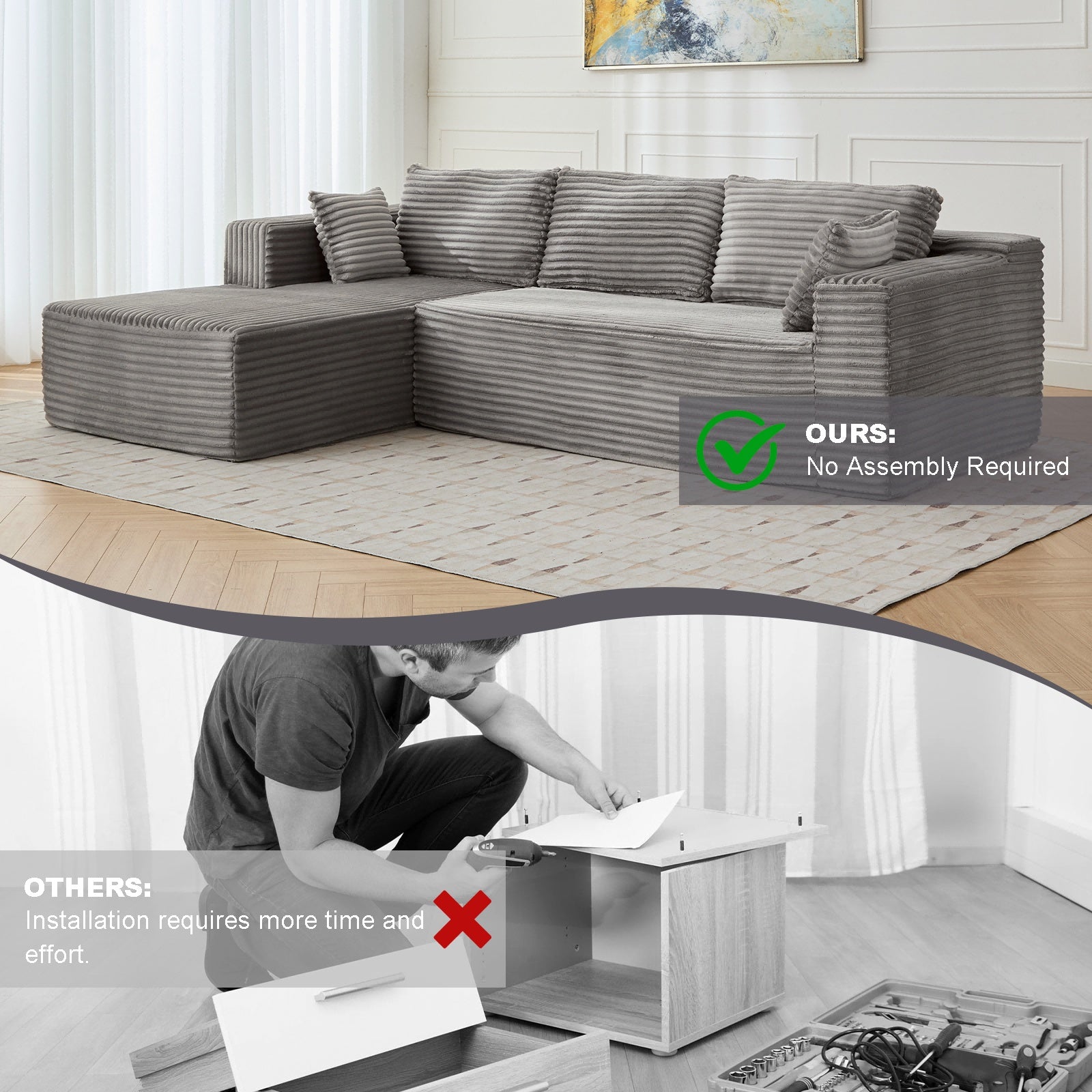 Sofá Cama de Compresión en Forma de L con Tela de Corduroy - Sofá Seccional Convertible, Sofá de Suelo Plegable para Dormir, Sala de Estar Ahorraespacio Similar al Franela para Apartamentos Pequeños, Sala de Estar y Sala de Juegos NO TUME