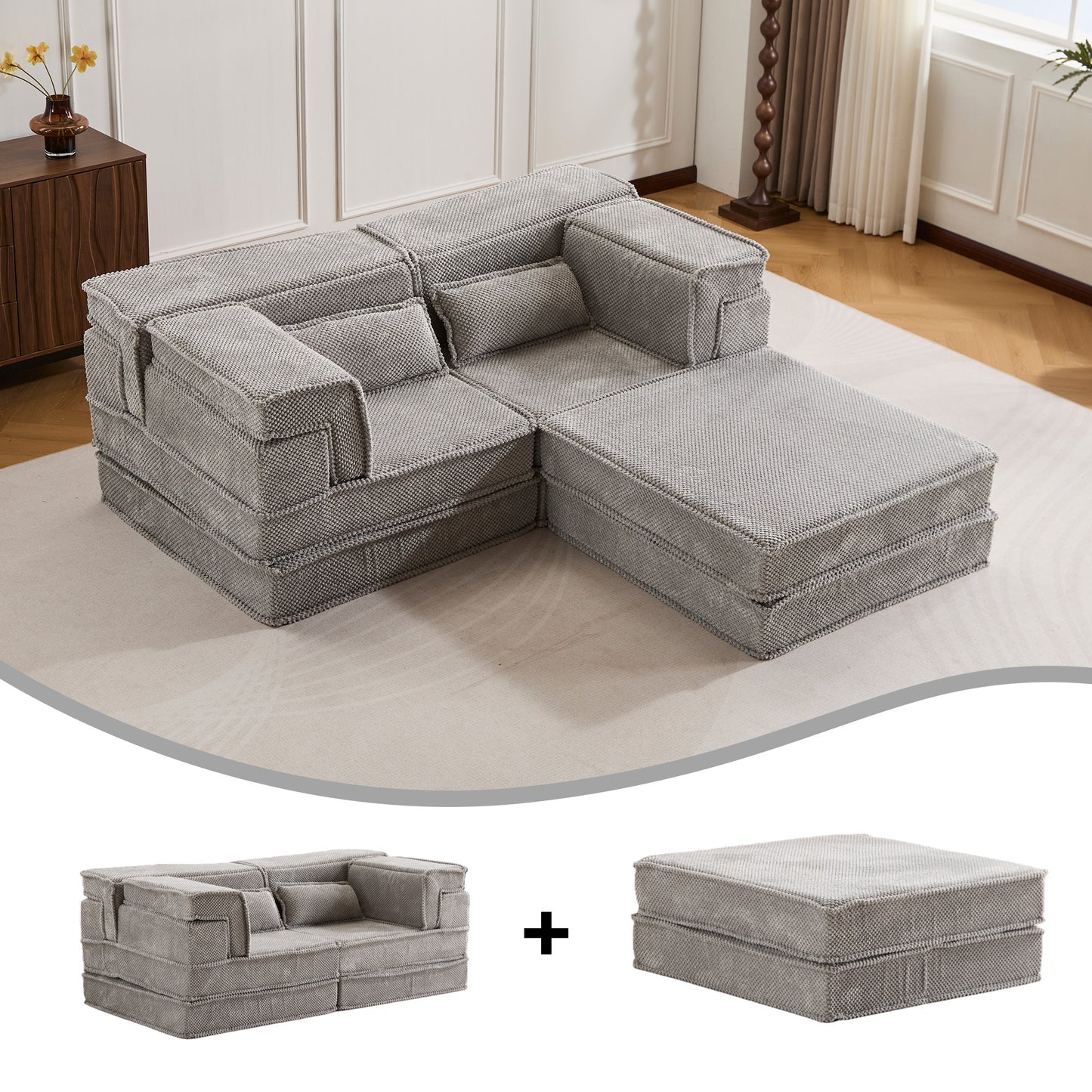 Compression Mahjong Sofa,Convertible Floor Sofa Bed,DIY Boneless Modular Sectional Sofa,No Assembly Required,Circle Fleece Fabric,Oversized 2 Seater With 1 Ottoman,Light-grey