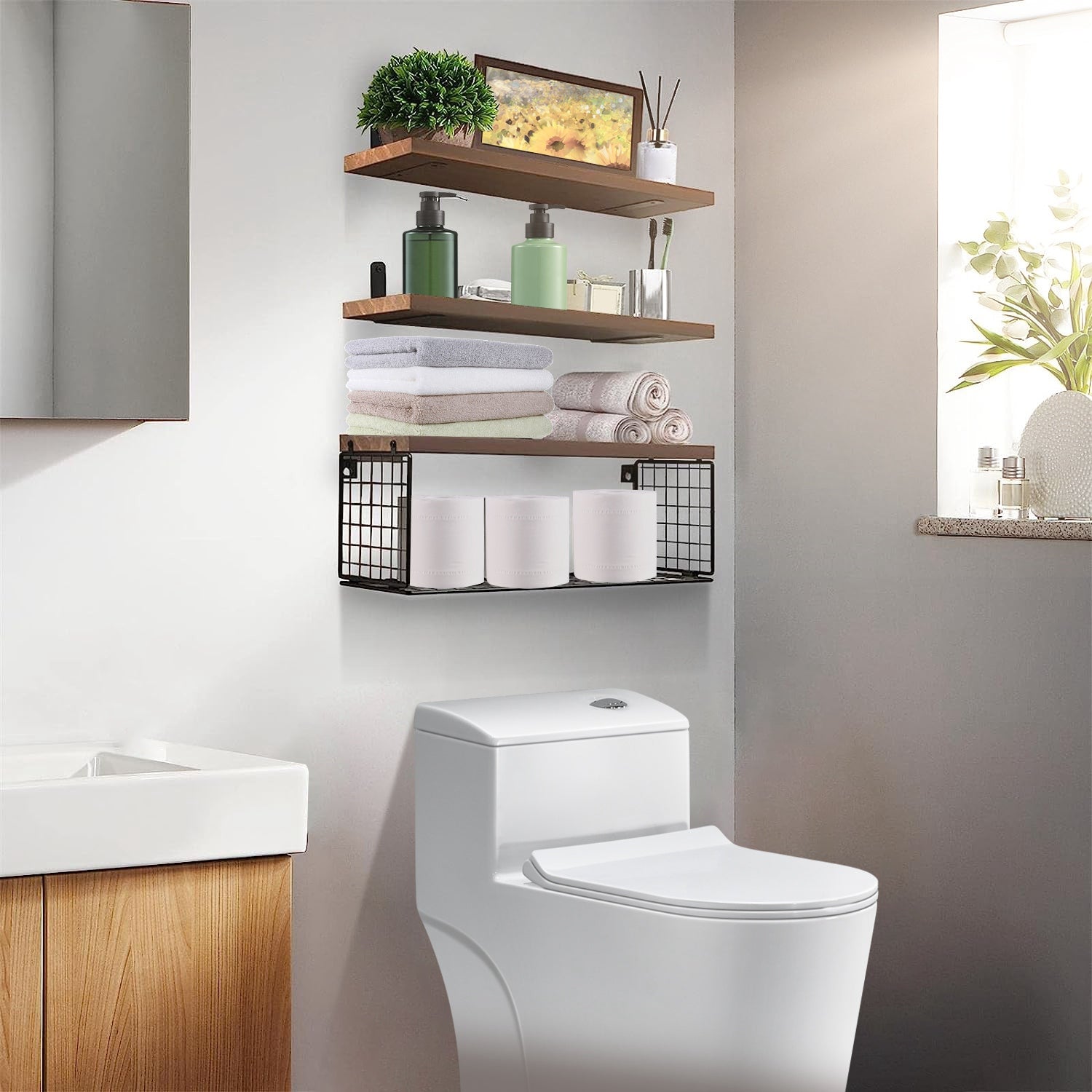 Estanterías Flotantes 2 en 1 Montadas en la Pared con Cesta de Almacenamiento Estanterías para Baño Estanterías sobre el Inodoro Estanterías de Madera para Dormitorio Sala de Estar Cocina Oficina Decoración de Pared para Plantas