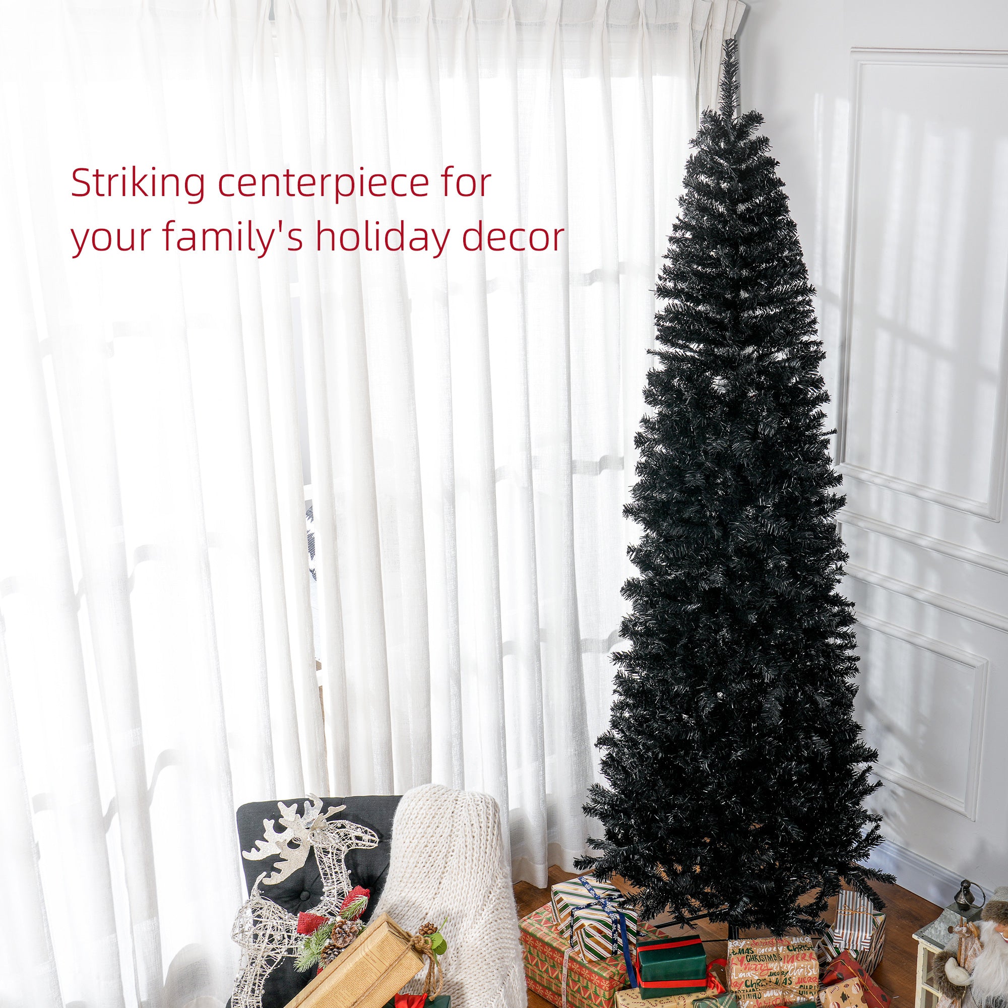 Árbol de Navidad en Forma de Lápiz HOMCOM de 8 pies, Árbol de Navidad Artificial Sin Luces Delgado de Abeto Douglas para Navidad con Ramas Realistas, Árbol de Halloween con 1168 Puntas, Negro