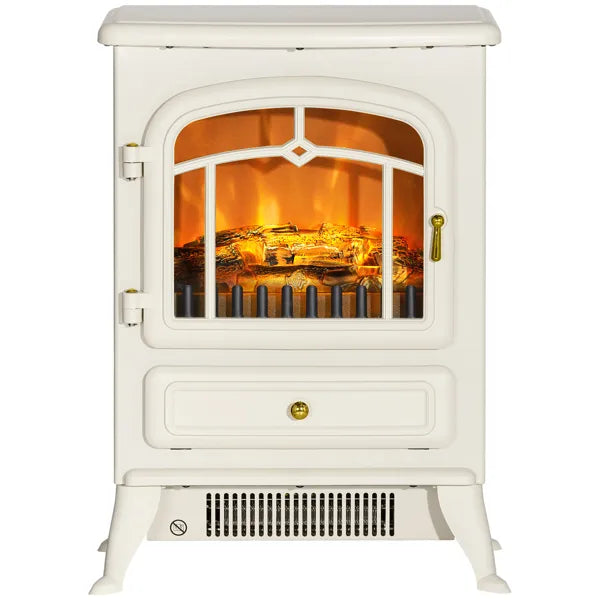 22" Elektro-Kaminheizung, freistehender Kaminofen mit realistischen LED-Flammen und Scheiten sowie Überhitzungsschutz, 750 W/1500 W, Beige
