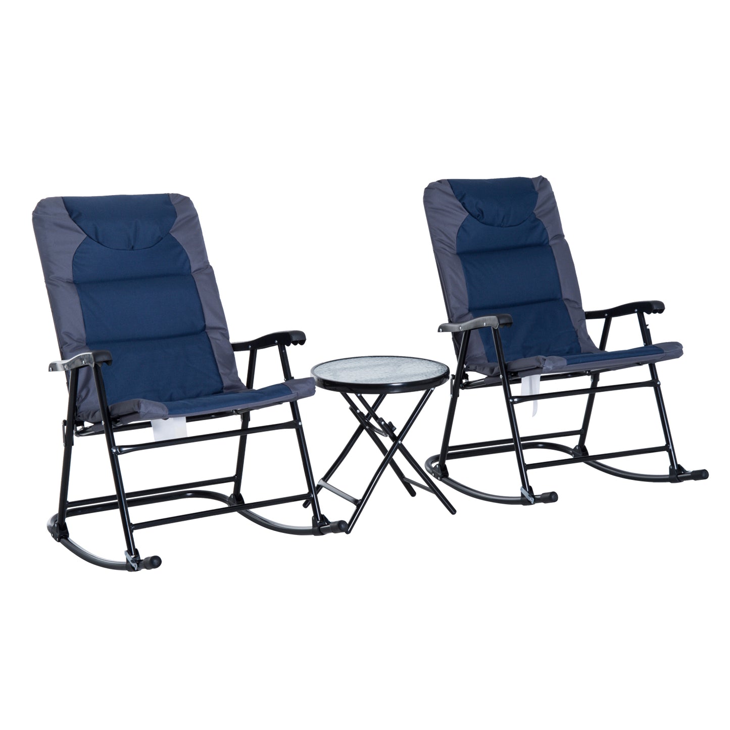 3 Piece Blue Rocking Bistro Set  Patio Chairs   Glass Coffee Table