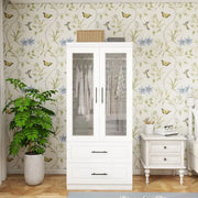 Armario Vestidor Ropero con 2 Puertas de Armario de Cristal, Armario Vestidor de Dormitorio de 71" de Alto con 2 Cajones de Armario, Almacenamiento de Armario con Barra de Colgar para Dormitorio, Armarios y Roperos de Madera