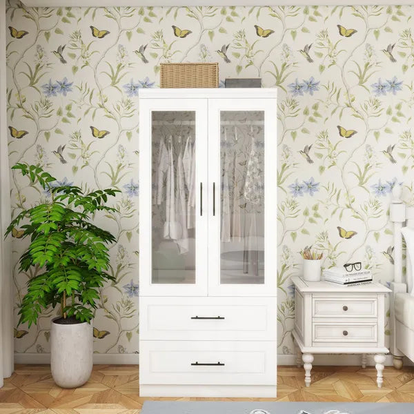 Armario Vestidor Ropero con 2 Puertas de Armario de Cristal, Armario Vestidor de Dormitorio de 71" de Alto con 2 Cajones de Armario, Almacenamiento de Armario con Barra de Colgar para Dormitorio, Armarios y Roperos de Madera