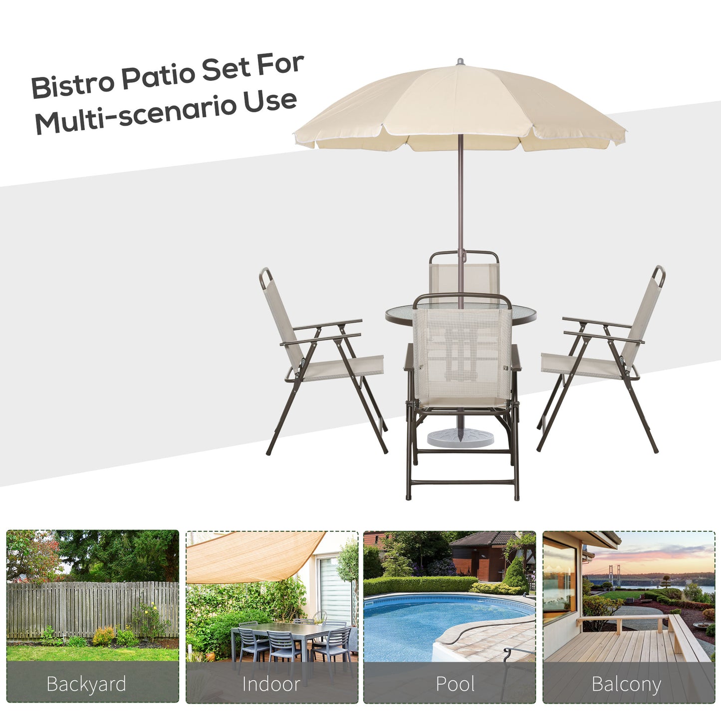 6-Piece Patio Dining Set With Umbrella, Folding Chairs & Glass Table, Beige - Outdoor Meal Setup