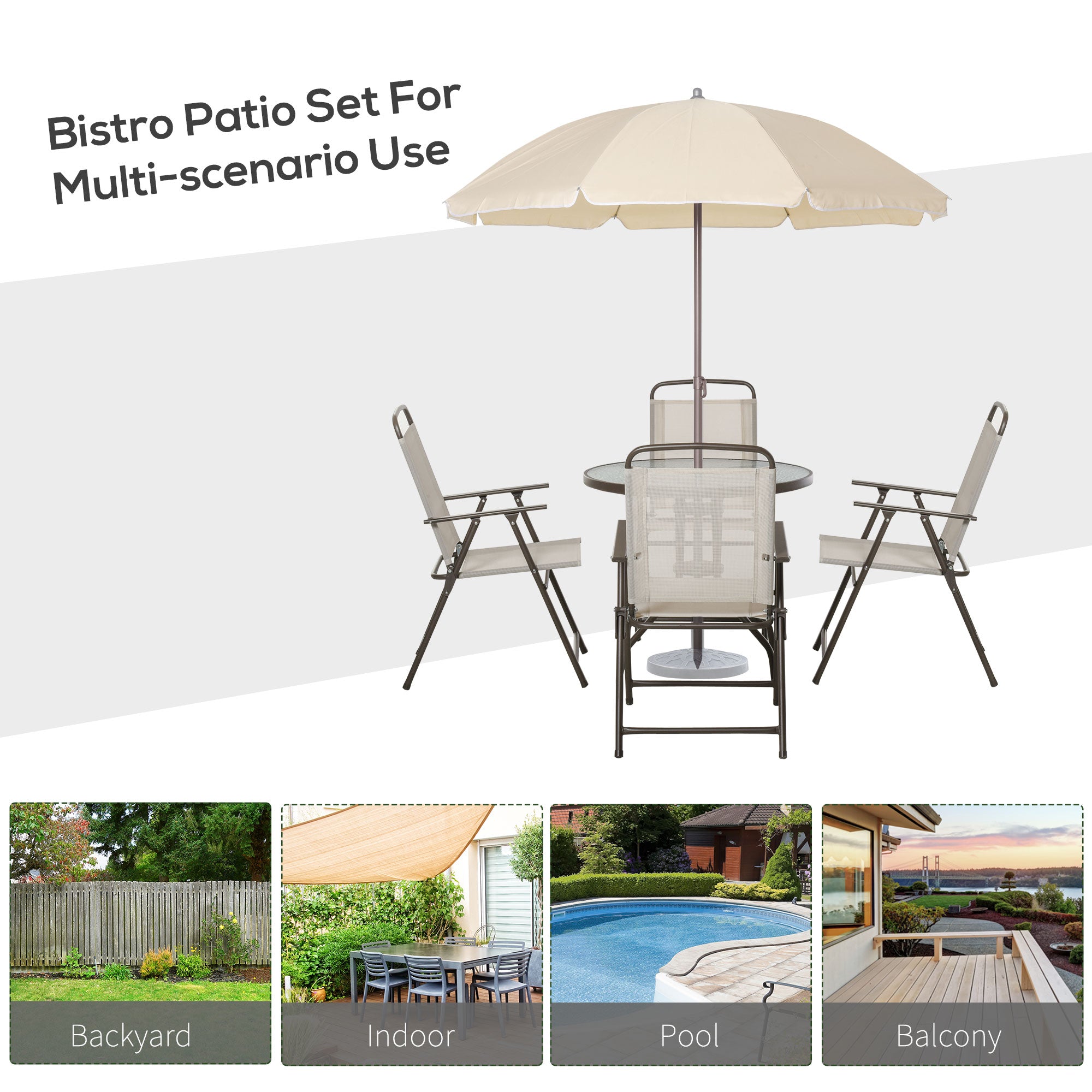 Juego de Comedor para Terraza de 6 Piezas con Sombrilla, Sillas Plegables y Mesa de Cristal, Beige - Configuración para Comidas al Aire Libre