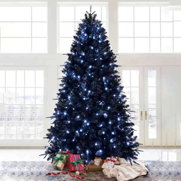 Árbol de Navidad Negro de 5 pies con 250 Luces LED Blancas, 1076 Puntas Árbol Artificial de PE+PVC para Decoración de Halloween y Fiestas, Estructura Bisagra con Soporte Metálico Estable
