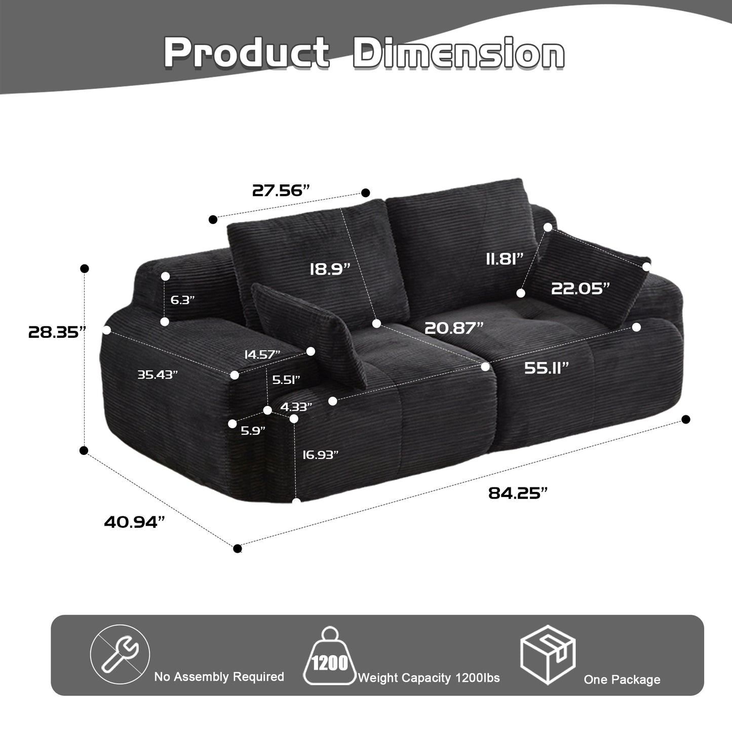 Modern Memory Foam Compressed Sofa,2 Seater Large Sectional Couches For Living Room,Pet-Friendly Cloud Modular Sectional Sofa,Corduroy Fabric,Extra Deep Loveseat,No Assembly Required, Black