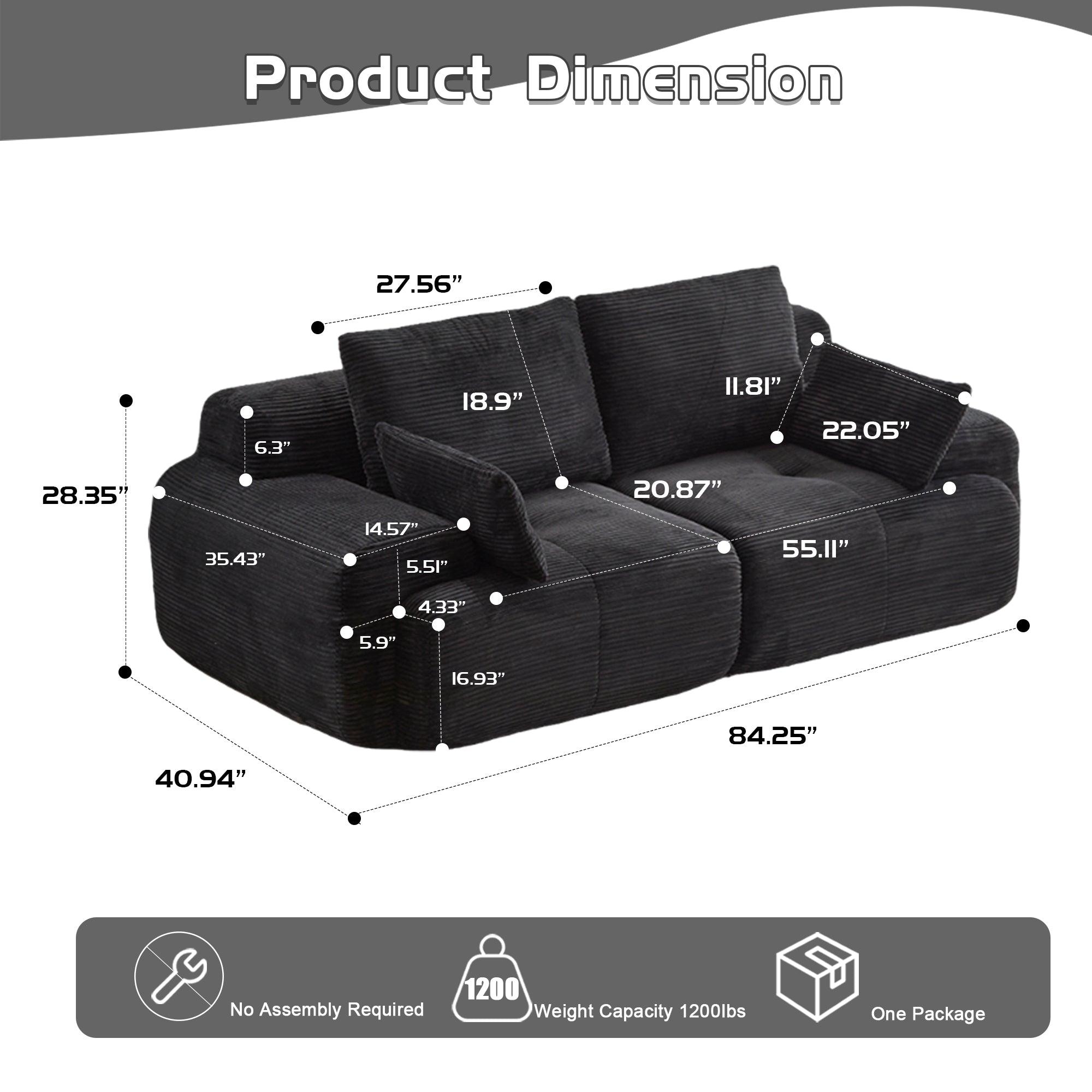 Sofá Comprimido de Espuma de Memoria Moderna, Sofá Seccional Grande de 2 Plazas para Sala de Estar, Sofá Seccional Modular en Forma de Nube Amigable con Mascotas, Tela de Corduroy, Loveseat Extra Profundo, Sin Ensamblaje Requerido, Negro
