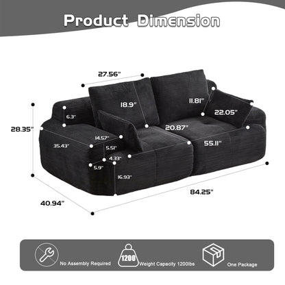 Modern Memory Foam Compressed Sofa,2 Seater Large Sectional Couches For Living Room,Pet-Friendly Cloud Modular Sectional Sofa,Corduroy Fabric,Extra Deep Loveseat,No Assembly Required, Black