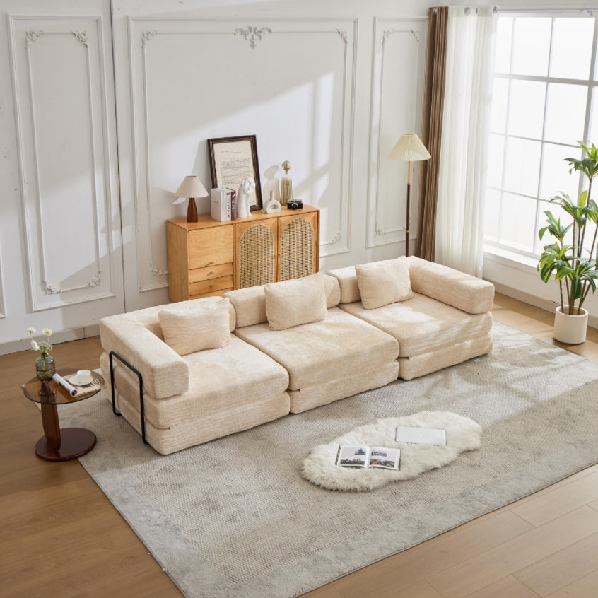 Sofá de Compresión, Sofá Cama Convertible para el Suelo con Marco de Forma Fija, Sofá Seccional Modular sin Huesos, Sin Ensamblaje Requerido, Tela de Chenille, para Sala de Estar y Dormitorio, Beige