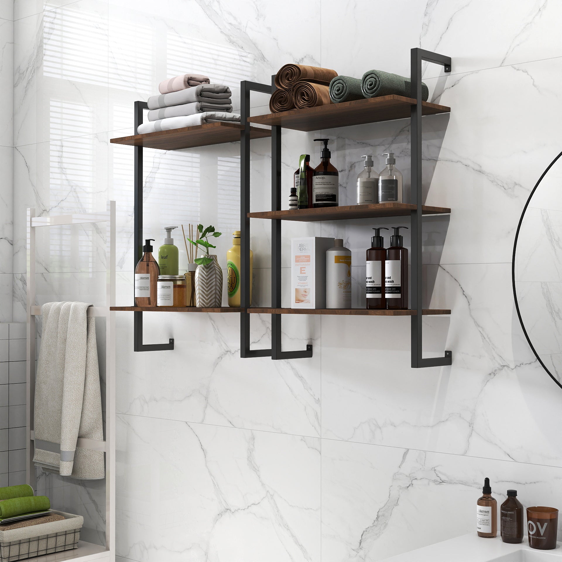 Estanterías de Baño de 3 Niveles y 2 Niveles de Metal y Madera, Estantería Colgante de Almacenamiento