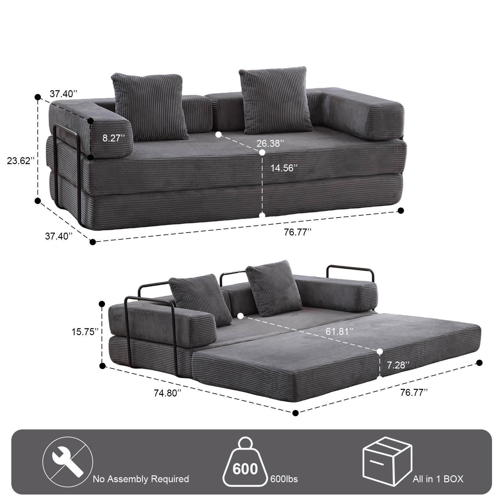 Sofá de Suelo, Sofá de Compresión, Sofá Cama Convertible de Suelo - con Soporte de Espalda con Almohada y Reposabrazos, Sofá Futón Cómodo para Reposar Cama para Dormir, Tela de Corduroy, para Sala de Estar y Dormitorio Gris Oscuro