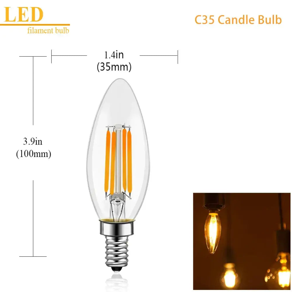 Clear glass decorbites c35 led dimmable candle bulb with filament led design and metallic screw base for chandeliers