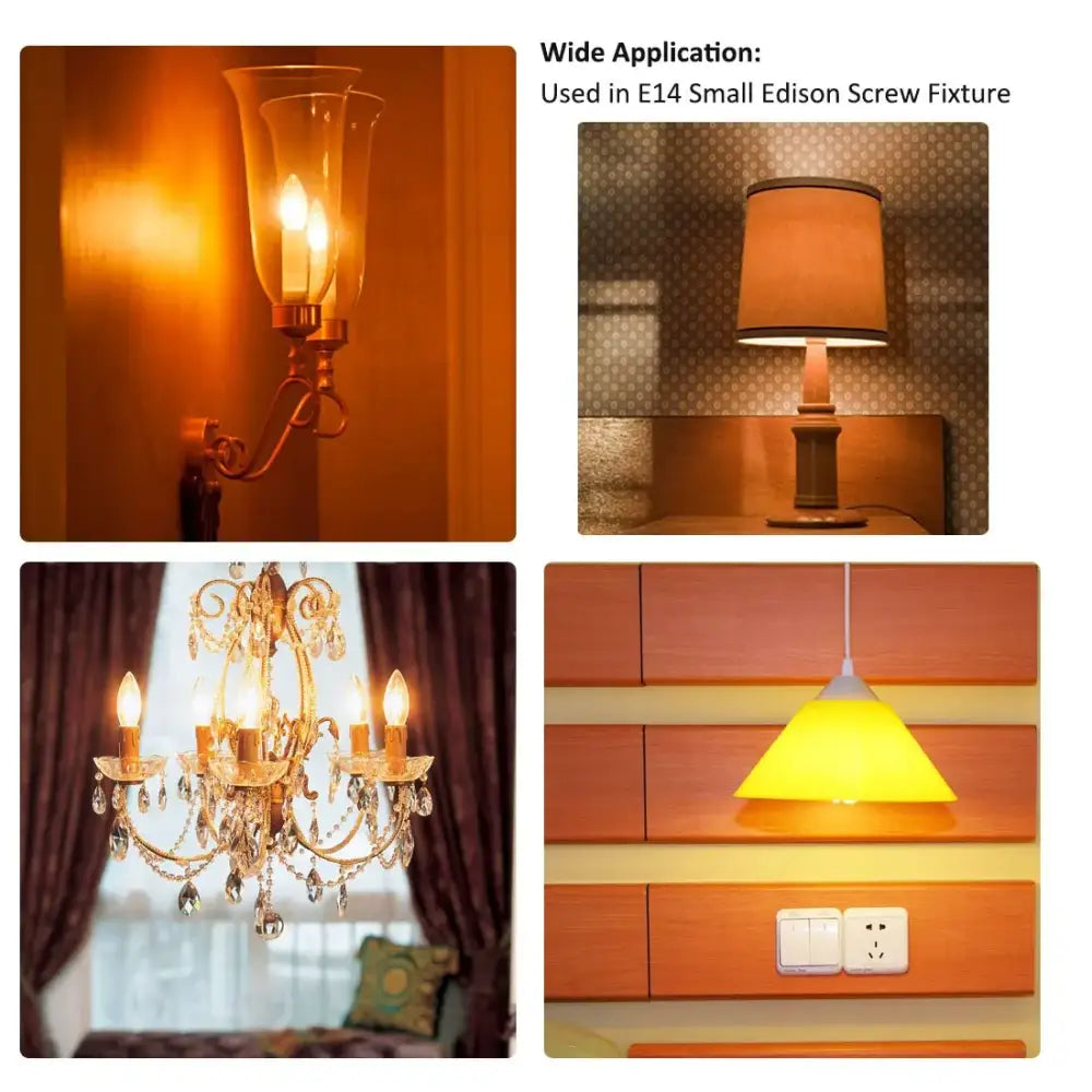 Gold-toned chandelier with crystal droplets featuring decorbites c35 led dimmable glass candle bulbs for dining rooms