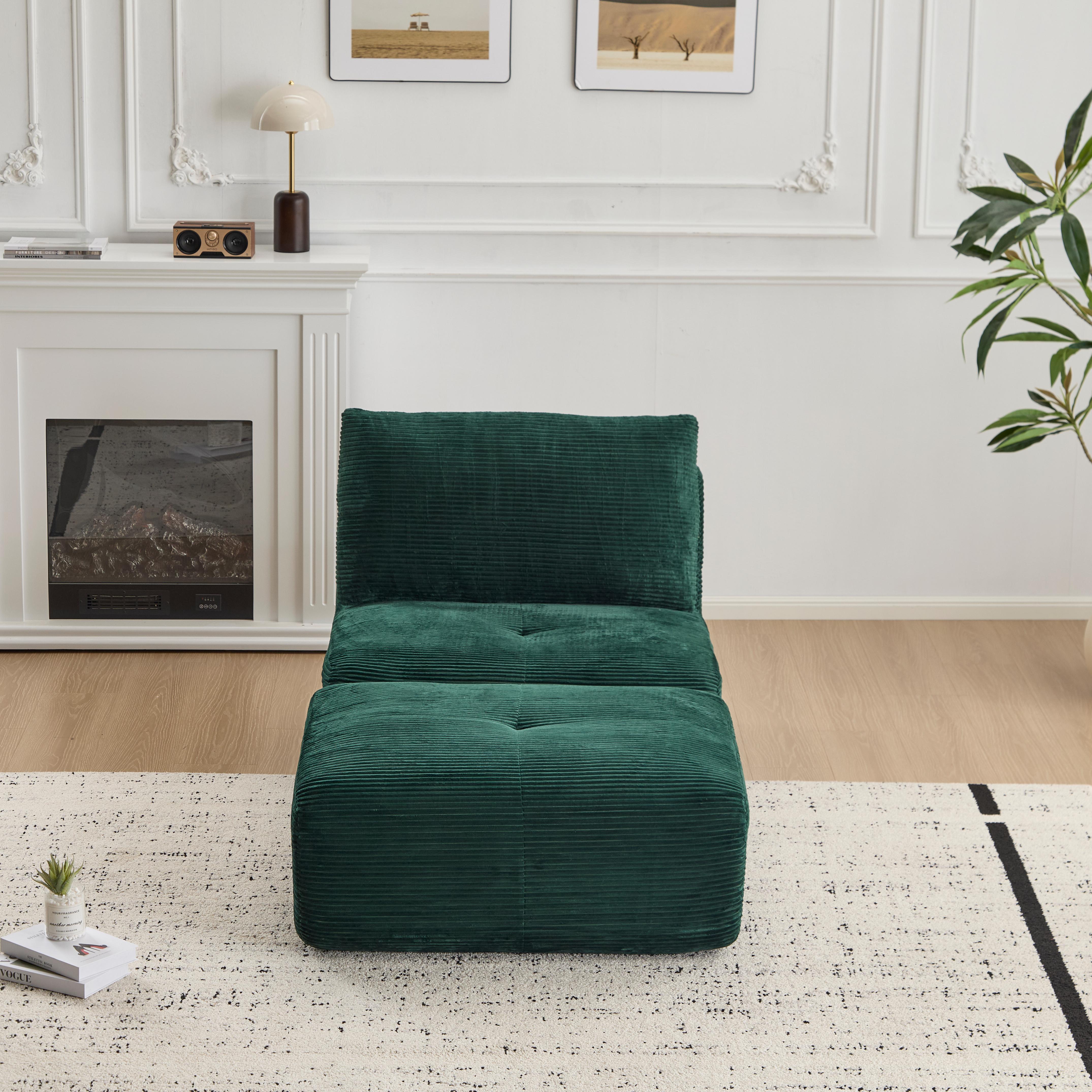 Sofá Comprimido de Espuma de Memoria Moderna, Chaise Longue Individual para Sala de Estar, Sofá Seccional Modular Amigable con Mascotas en Forma de Nube, Tela de Corduroy, Otomana Móvil, Sin Ensamblaje Requerido, Verde