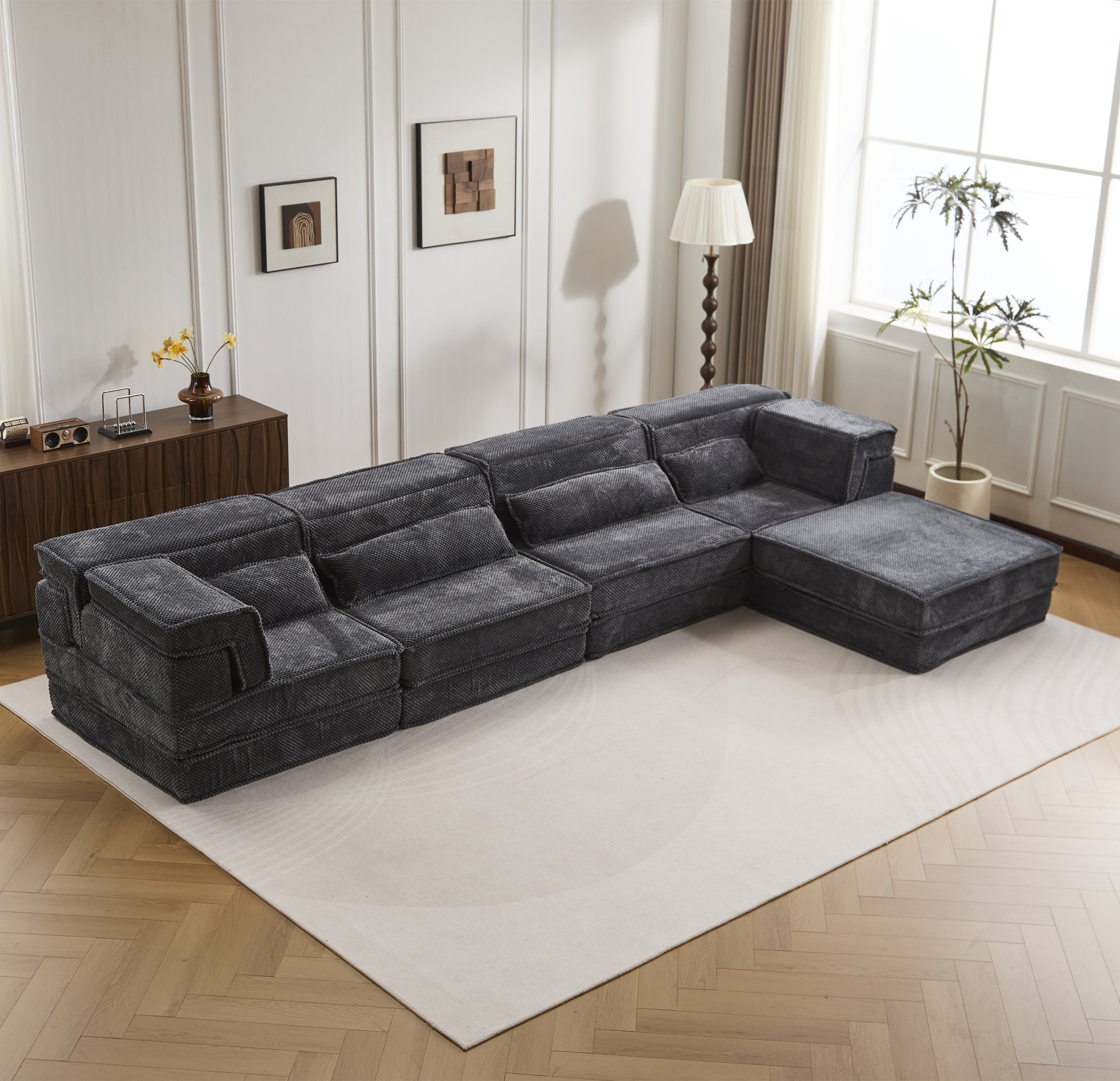 Sofá Mahjong de Compresión, Sofá Cama Convertible para el Suelo, Sofá Seccional Modular sin Huesos DIY, Sin Ensamblaje Requerido, Tejido de Lana Polar en Círculo, Cuatro Plazas Sobredimensionado con 1 Otomana, Gris Oscuro