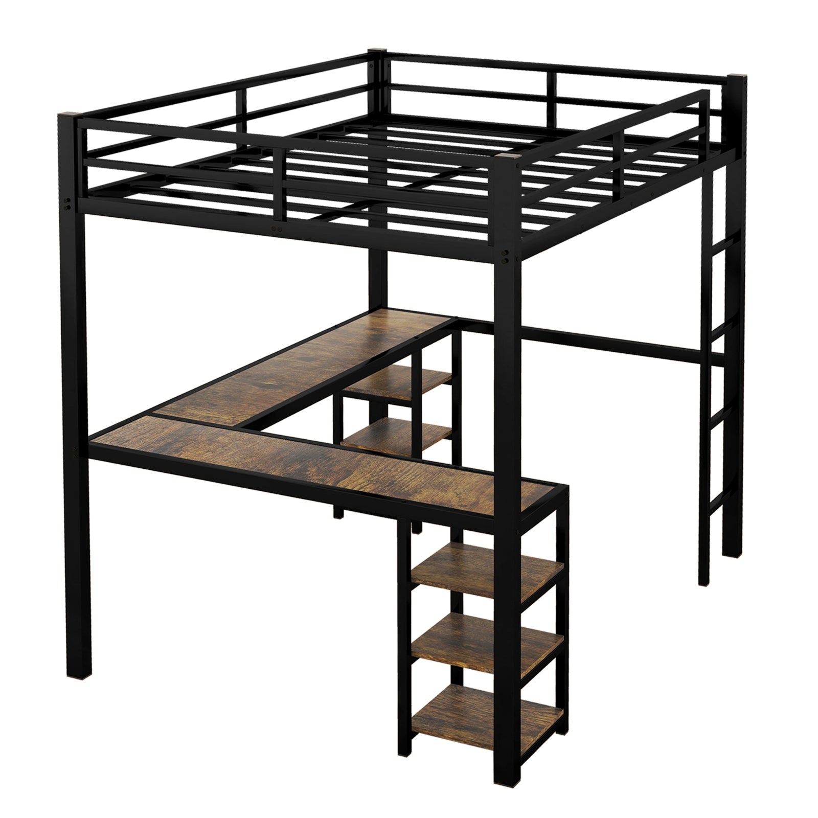Vollmetall-Hochbett mit Schreibtisch und Regalen, Hochbett mit Leiter und Geländern, Hochbett-Rahmen für B