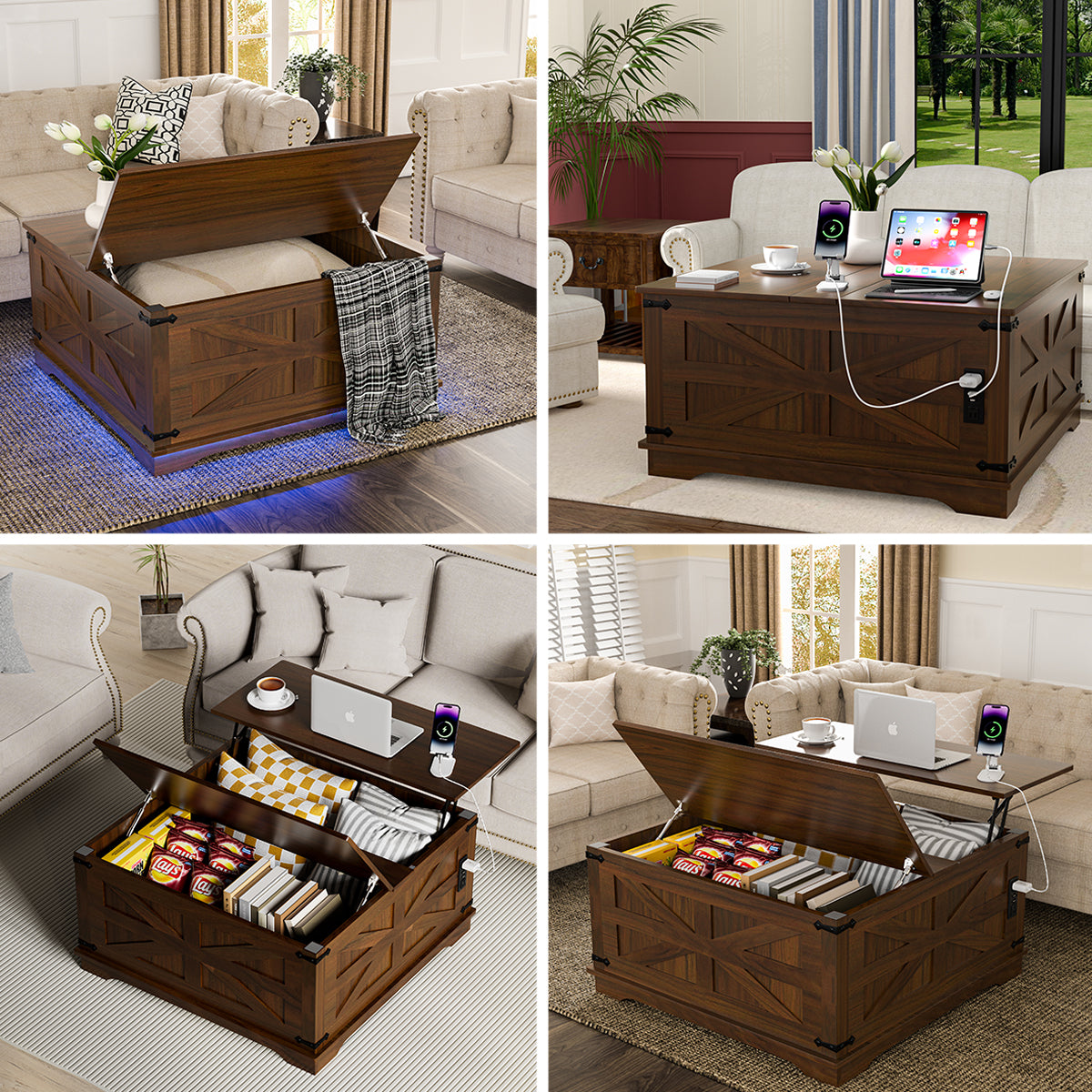 Mesa de Centro de Estilo Rústico con Superficie Elevable, Estación de Carga USB y Almacenamiento Oculto - Base de Madera Resistente, Opciones en Blanco-Marrón, Perfecta para la Organización del Salón, Mesa de Centro para el Salón, Versátil