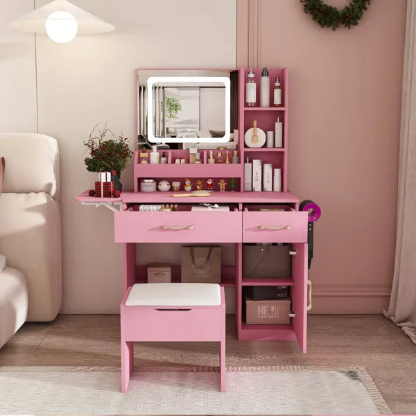 Vanity Desk With LED Mirror Lights And Power Outlet Charging Station, Makeup Dressing Table With 3 Drawers, 7 Shelves And Storage Stool, For Girls And Women (Pink)