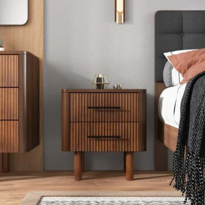 Mesa de Noche de Madera de Nogal Moderna de Media Siglo Logan con 2 Cajones