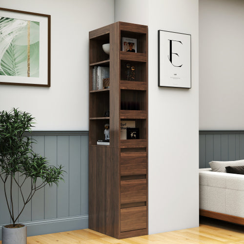 Gabinete de Almacenamiento para Pantalla de 70.87 H, Estantería de 4 Niveles, 3 Cajones Laterales y 4 Estantes de Exhibición Pequeños, Estantería Alta Moderna de Madera para Libros para Sala de Estar o Oficina en Casa
