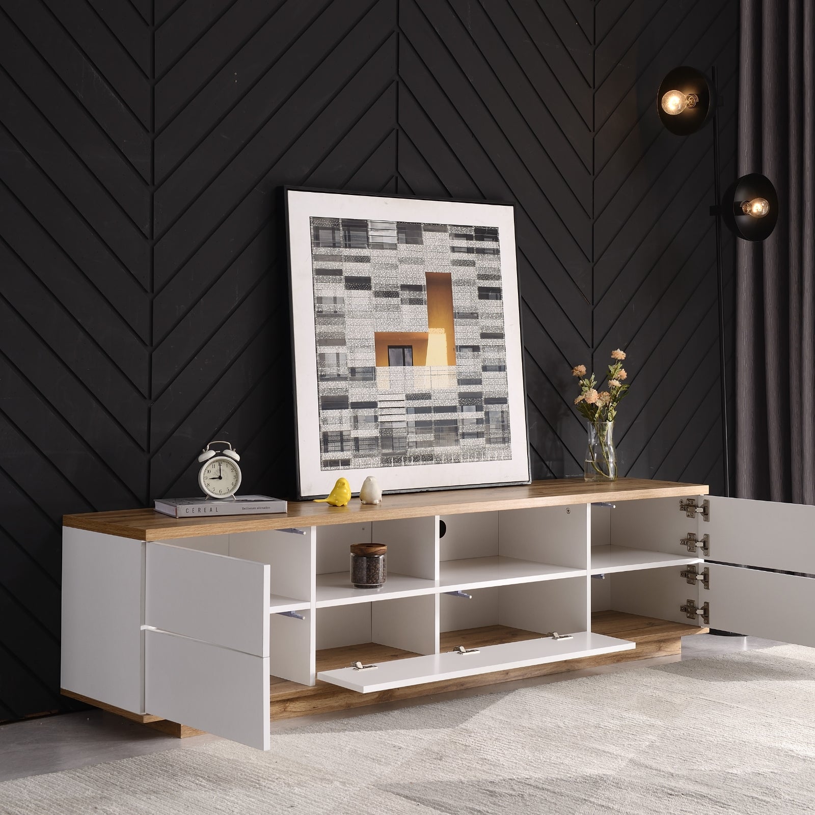 Mueble de TV Moderno para Televisores de Hasta 80'', Consola de Medios con Almacenamiento Multifuncional