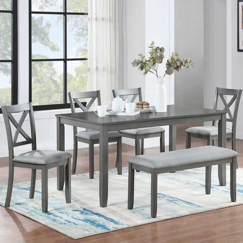 Juego de Comedor de Cocina de 6 Piezas, Mesa de Comedor Rectangular de Madera con 4 Sillas Tapizadas y un Banco, Juego de Mesa de Comedor para 6 Personas, Sala de Estar, Bar en Casa y Cocina, Gris