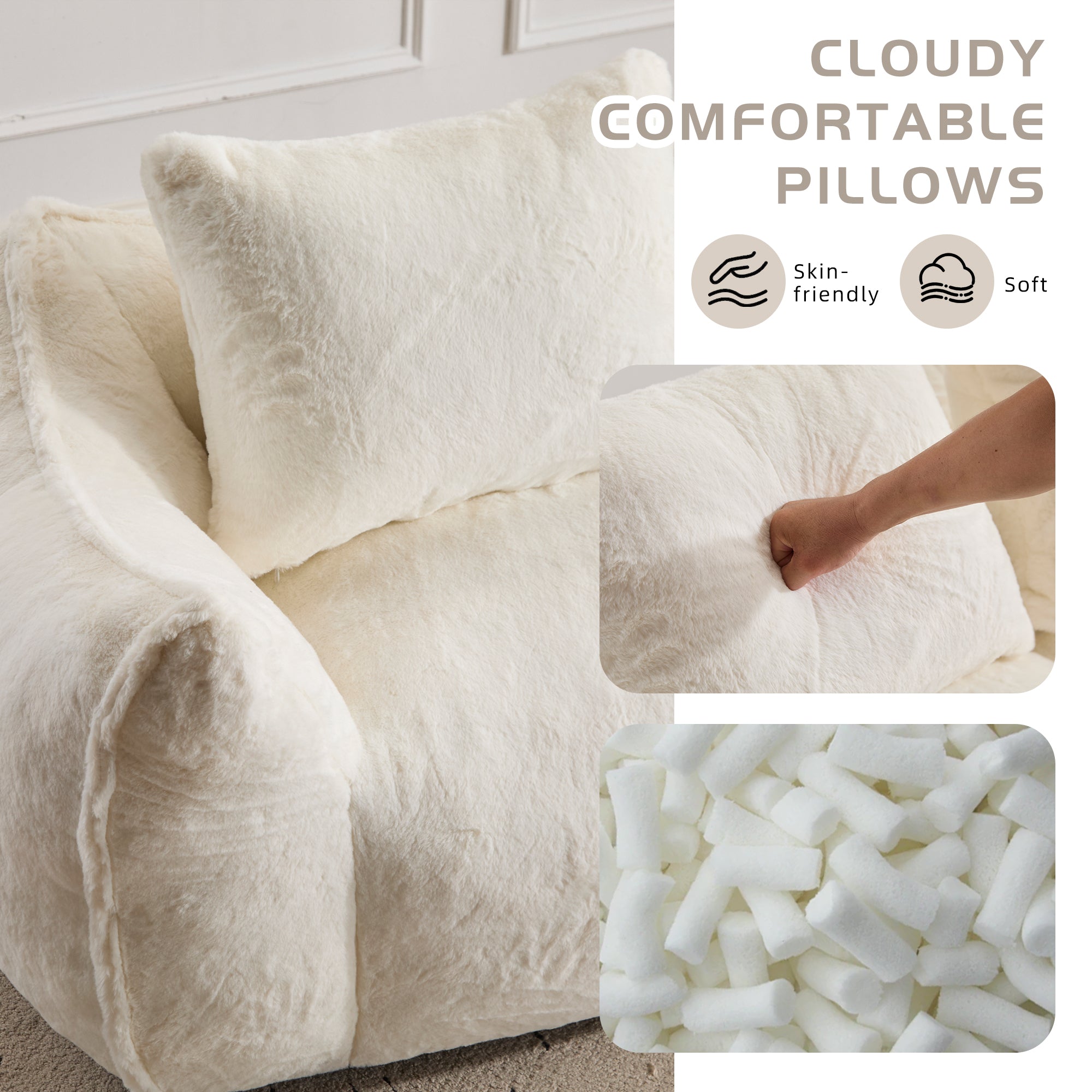 Sofá Gigante de Puf para Adultos, Sofá de Puf Loveseat Ultra Suave y Esponjoso, Silla de Reposo Oversized para Interiores en Sala de Estar o Dormitorio, No Requiere Ensamblaje, Silla Cómoda para Lectura con Almohadas, Blanco