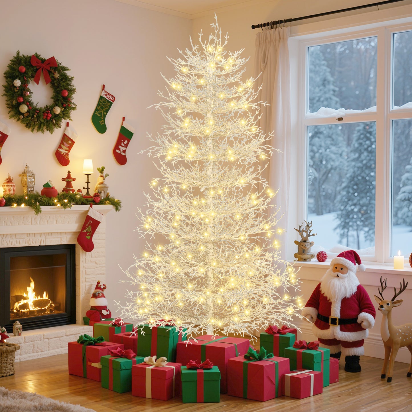 6FT Pre-lit  Aspen Fir  Artificial Christmas Tree, Hinged Xmas Tree 623 Snow Flocked Branch Tips, 420 Warm White LED Lights, Holiday Coral Christmas Tree For Home Party